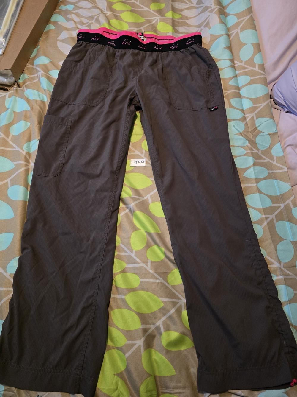 Koi LITE Gray Scrub Pants with Pink Elastic Waistband, LARGE PETITE